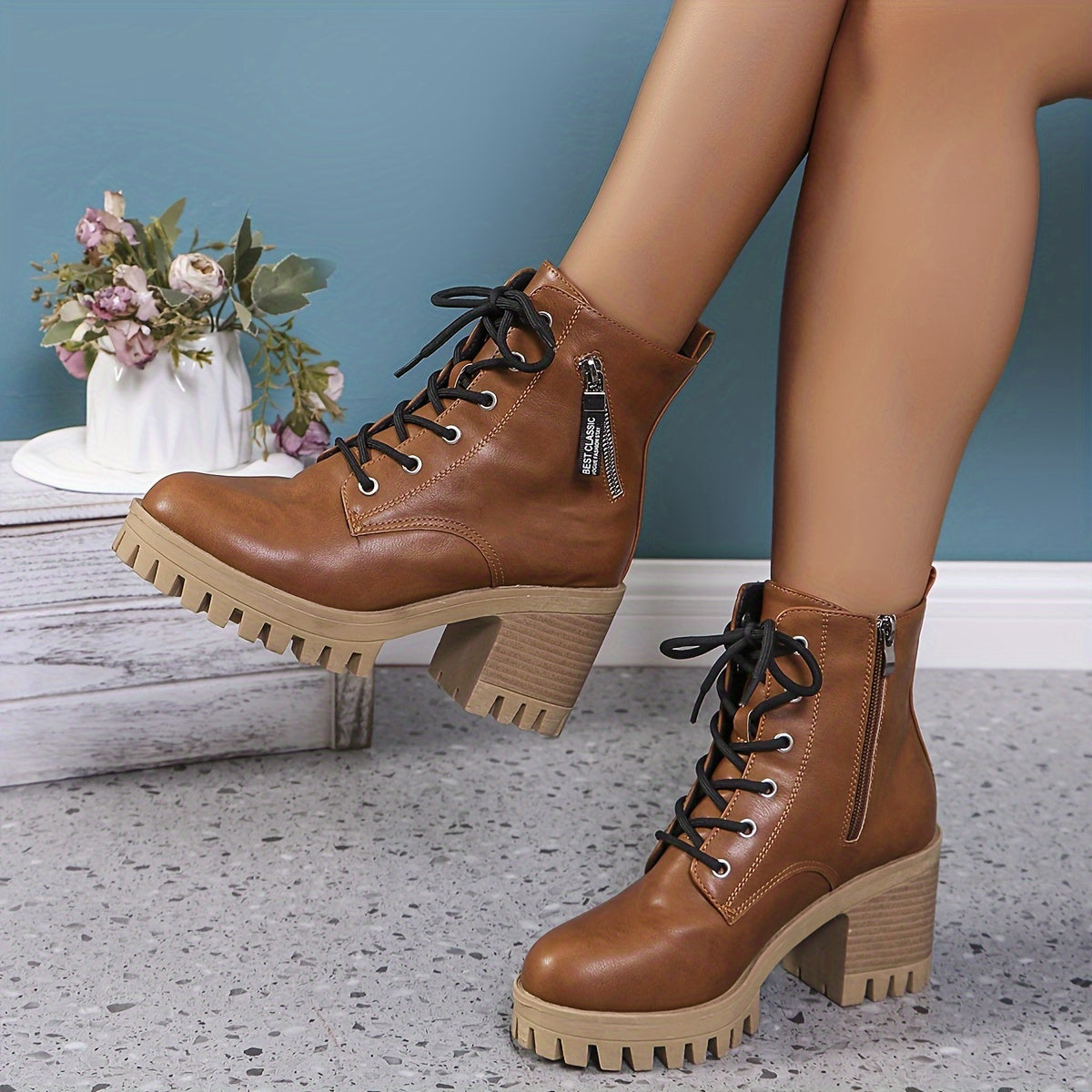 Women's Chunky Platform Ankle Boots Faux Cover Brown All-Season Heel