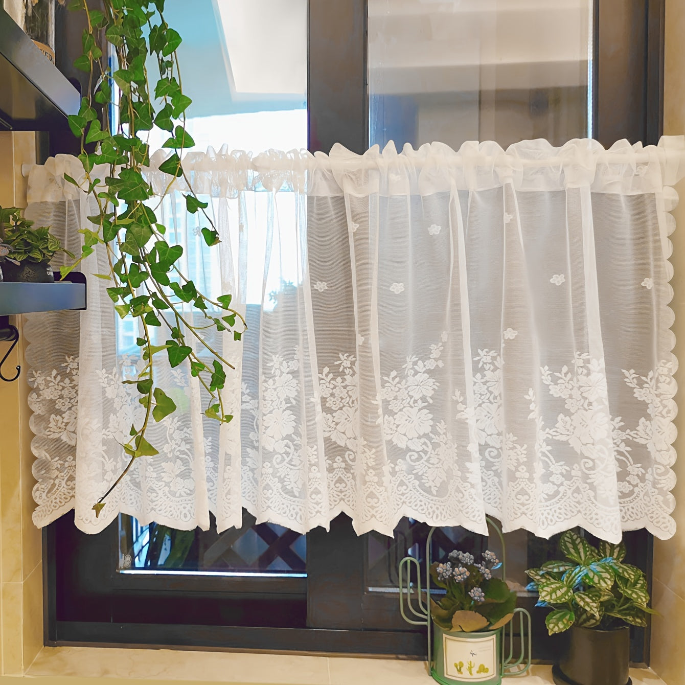 Black Floral Lace Cafe Curtain Sheer Polyester Rod Pocket Kitchen Decor