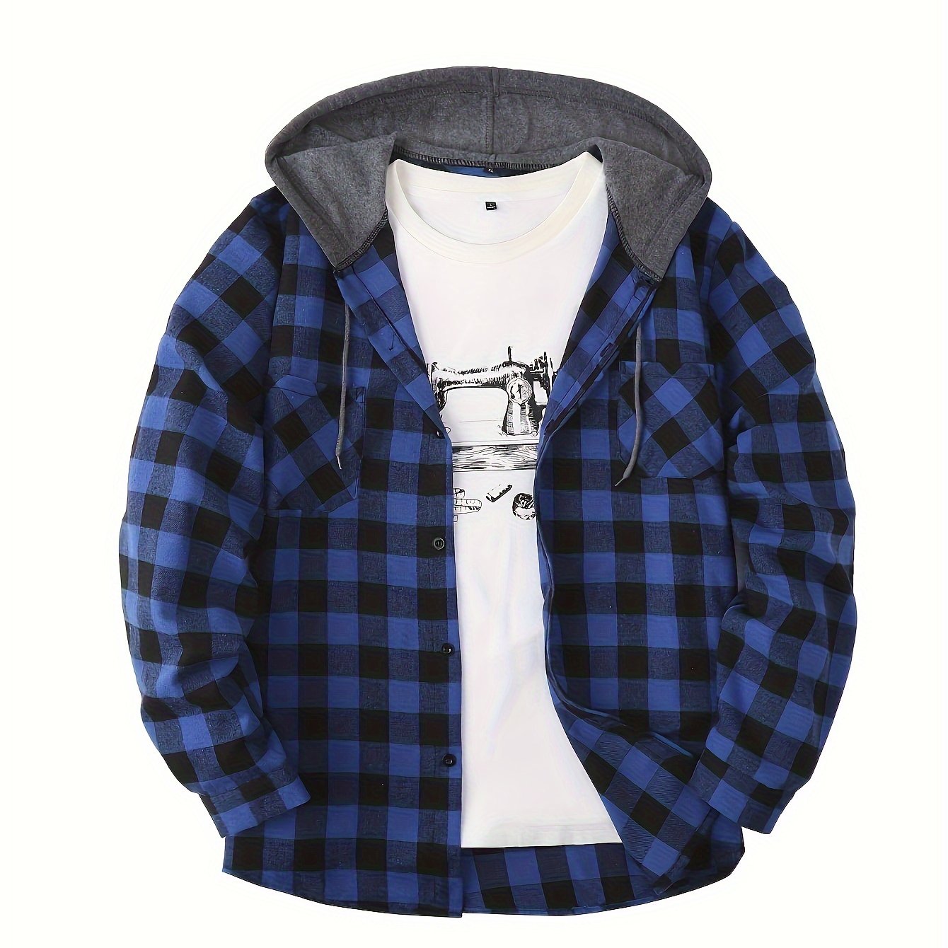 Men's Plaid Pattern Hoodie Jacket with Pockets Long Sleeve Casual Outdoor