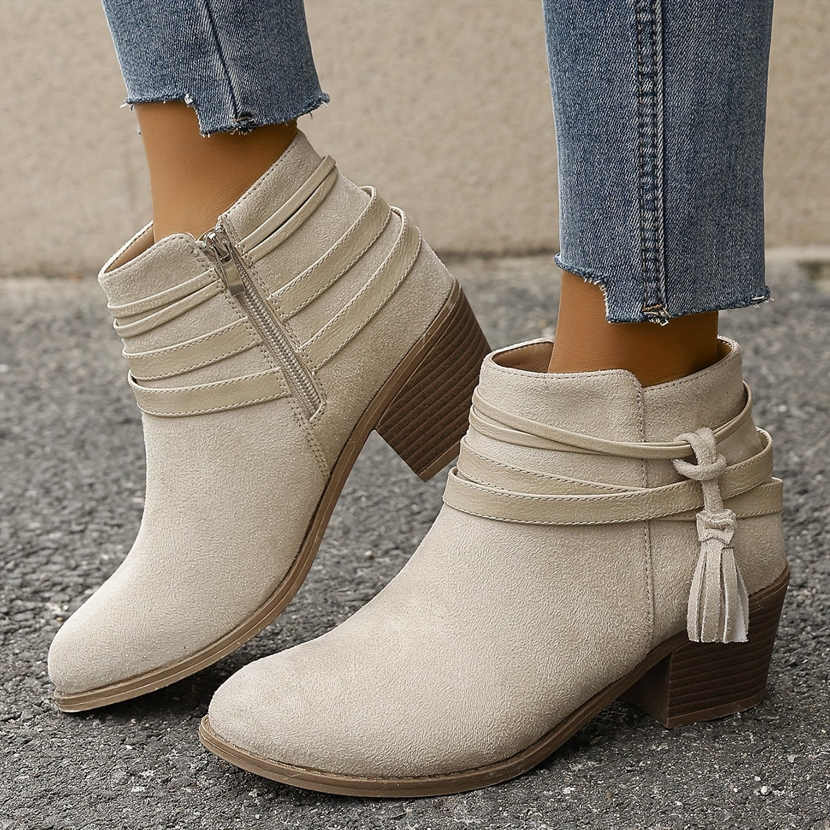 Women's Fabric Mid-Heel Ankle Boots with Tassel & Side Zipper