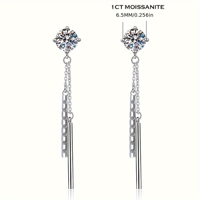 Women's Silver Tassel Earrings with Moissanite 1ct 2pcs Long Ear Wire Jewelry