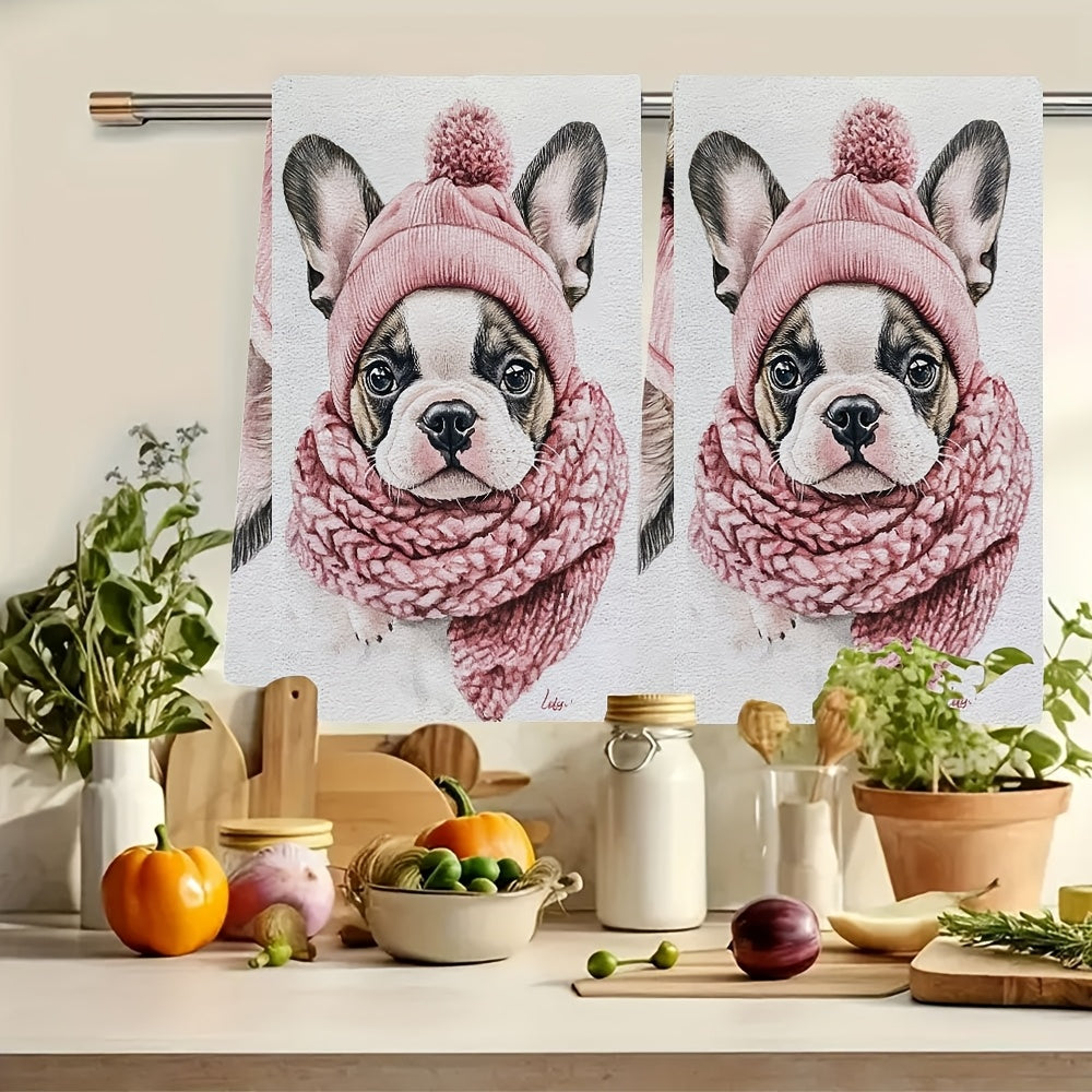 Set of 2 Ultra Soft Kitchen Towels with French Bulldog Puppy Design, Absorbent, 40x60 cm