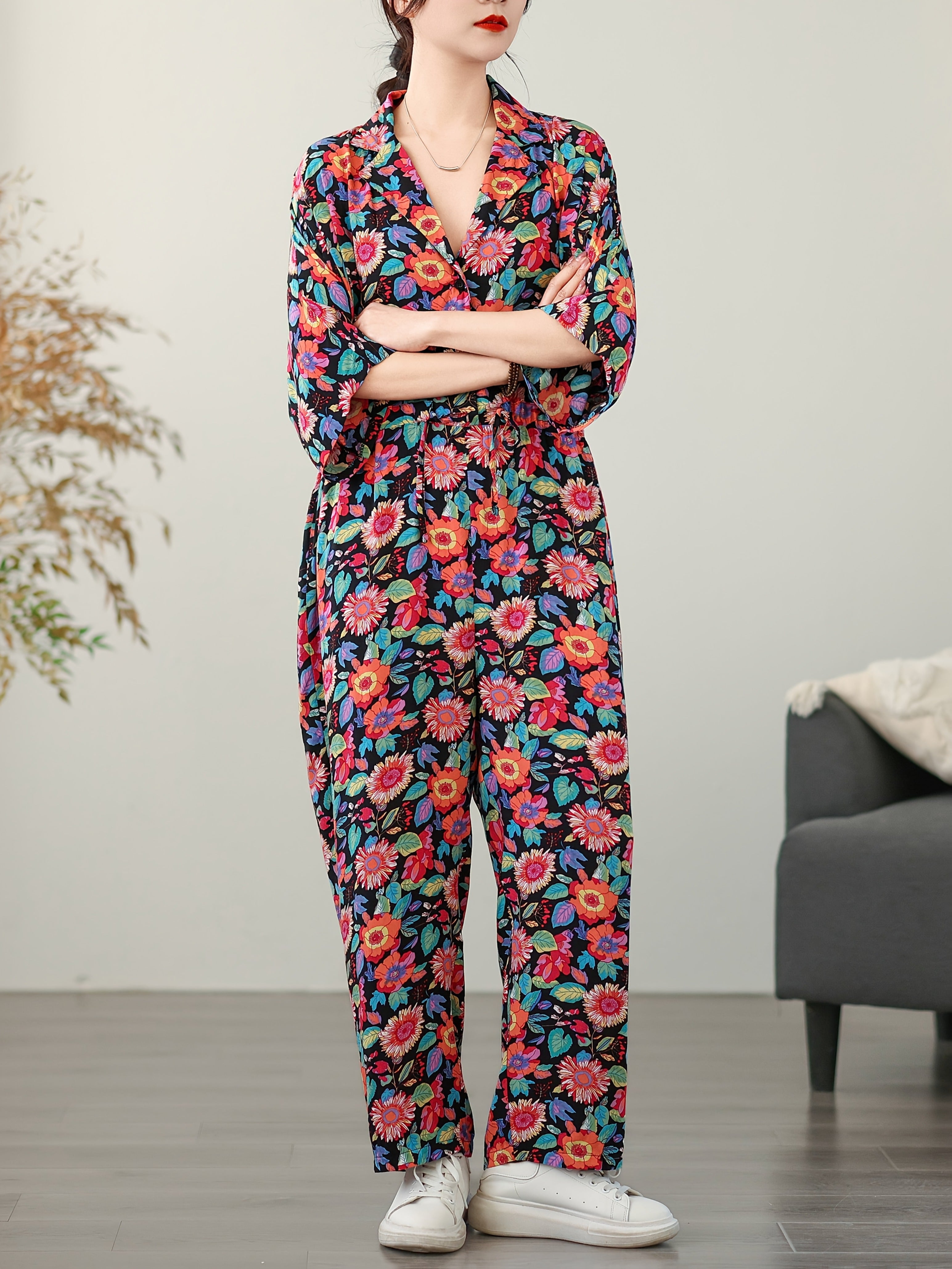 Women's Floral Print Summer Jumpsuit Loose Fit Short Sleeve Casual Dress