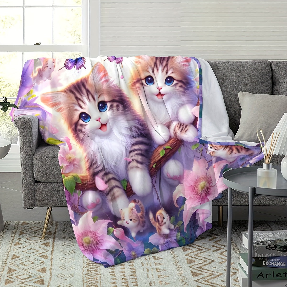 Cozy Plush Throw Blanket with Cat Print Flannel Polyester All-Season Home Decor