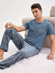 Men's Casual Blue Short Sleeve Top and Plaid Long Pants Loungewear Set Polyester