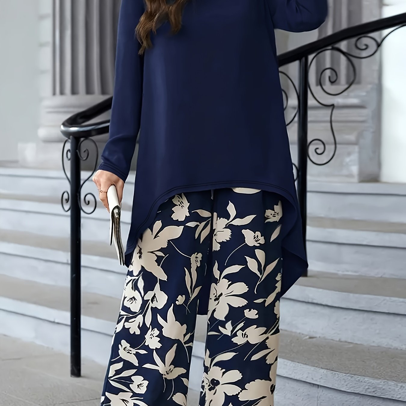 Plus Size Two-Piece Set with High Low Hem Top and Pants Vacation Wear
