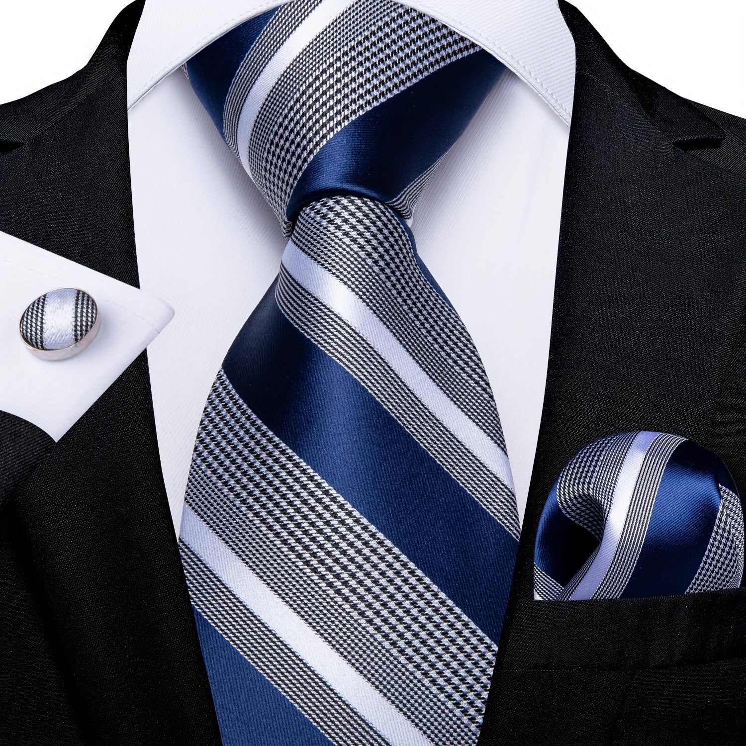 Men's Striped Necktie Set with Handkerchief and Cufflinks for Weddings and Business