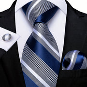 Men's Striped Necktie Set with Handkerchief and Cufflinks for Weddings and Business