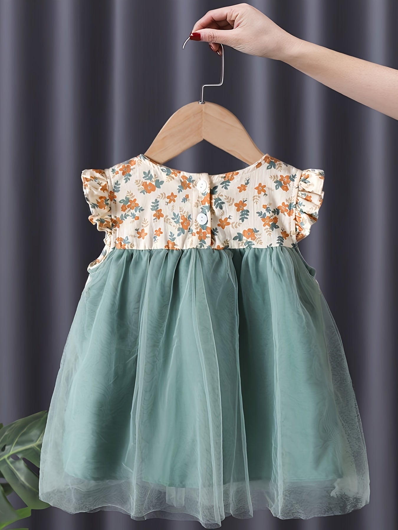 Girls Summer Floral Print Tulle Dress with Ruffle Trim and Knee Length