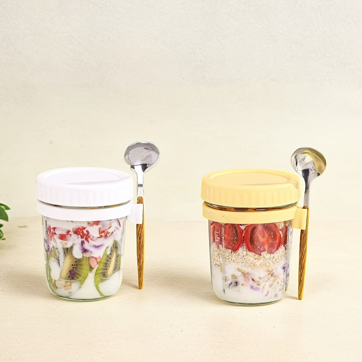 350ml Glass Jars with Spoons for Overnight Oats Salads Yogurt Pack of 2