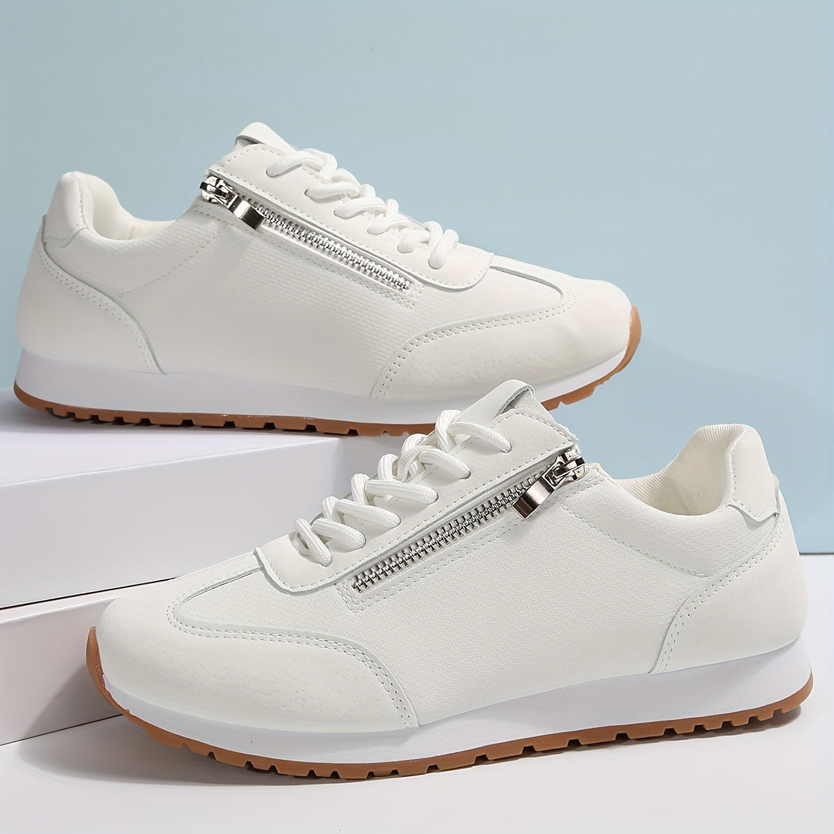 Women's White Lace-Up Casual Lightweight Breathable Sports Shoes