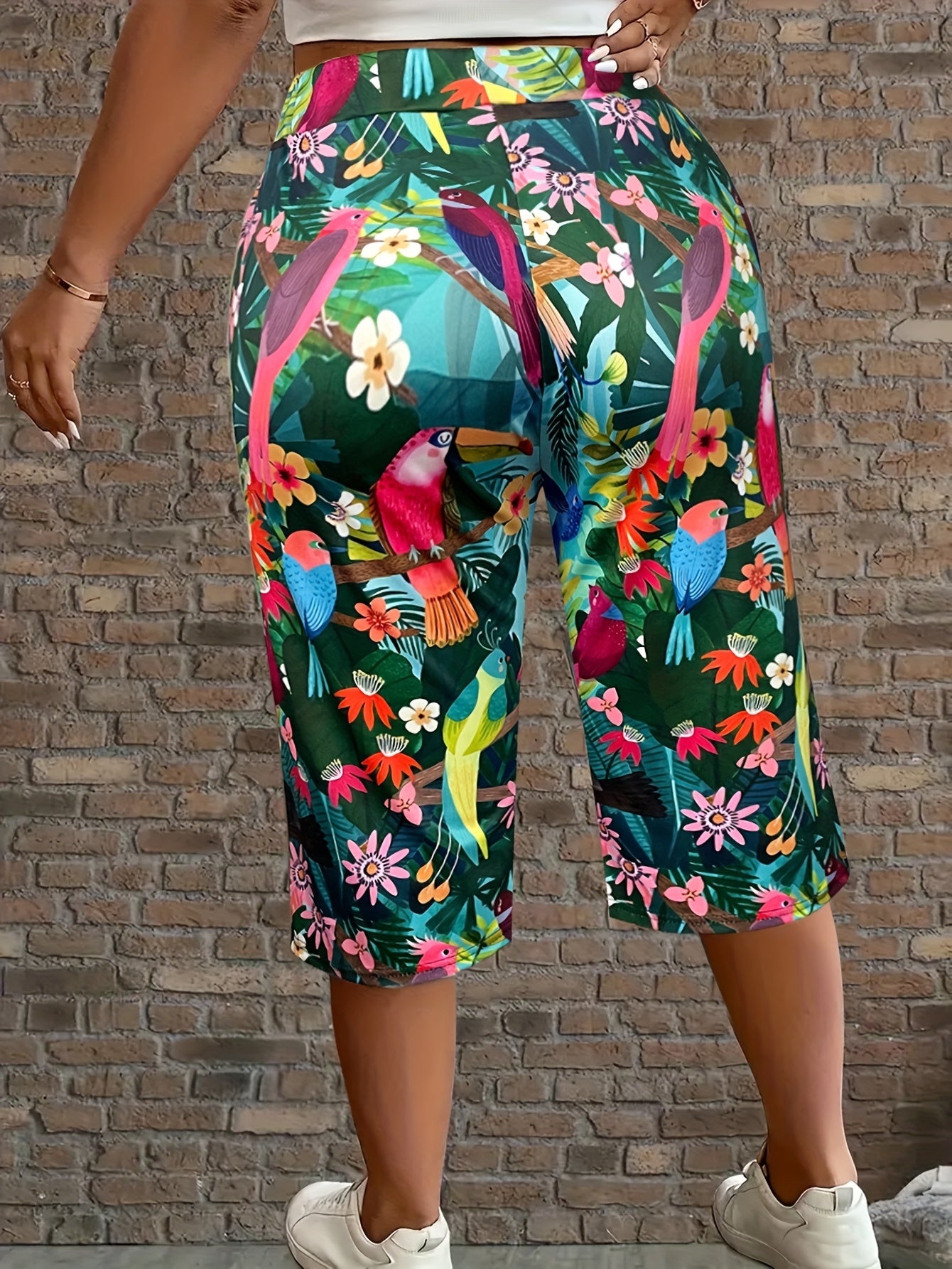 Women's Floral Print Plus Size Mid-Calf Pants Tropical Hibiscus Toucans