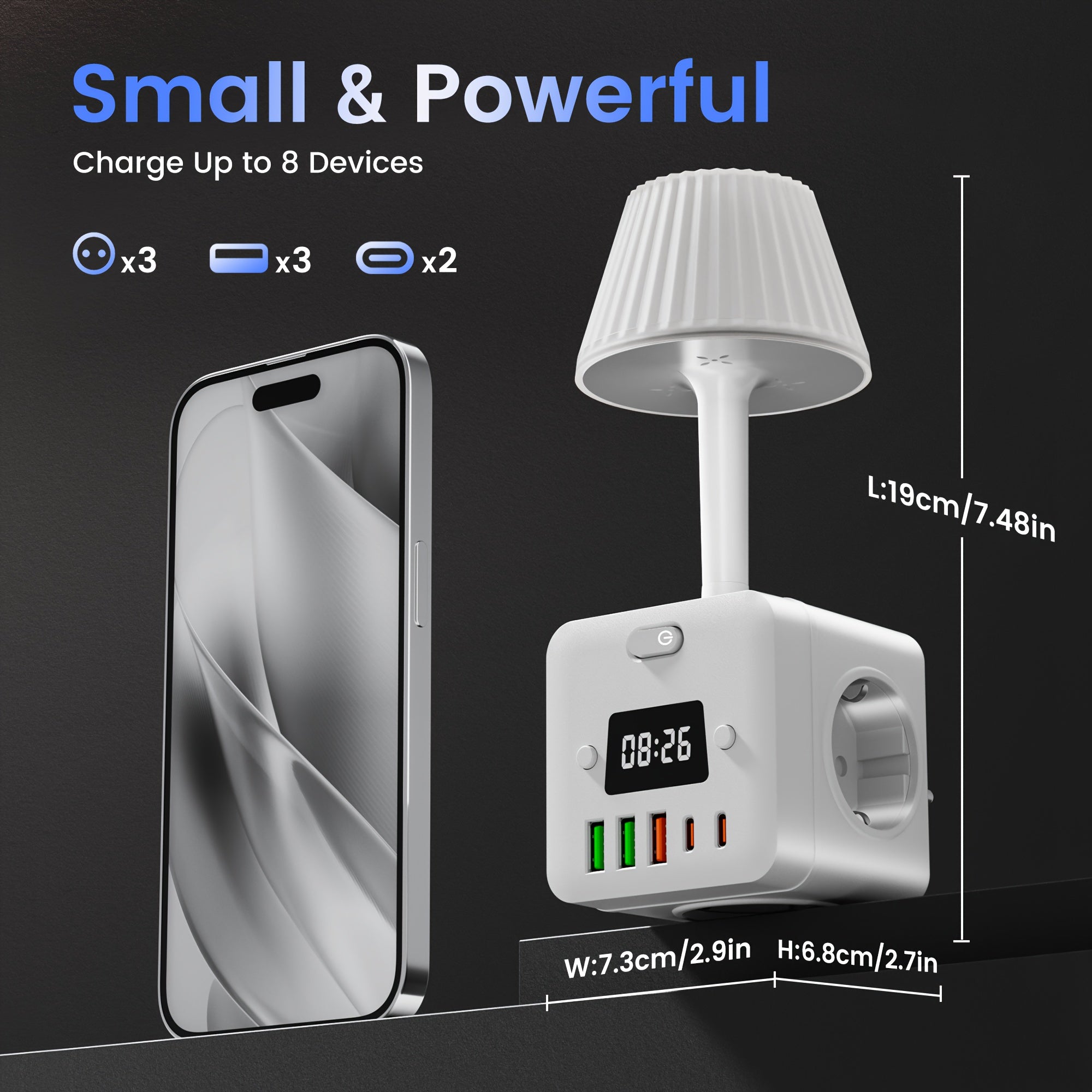 Power Strip with Lamp and Digital Clock 3 AC Outlets 3 USB-A 2 USB-C Surge Protection