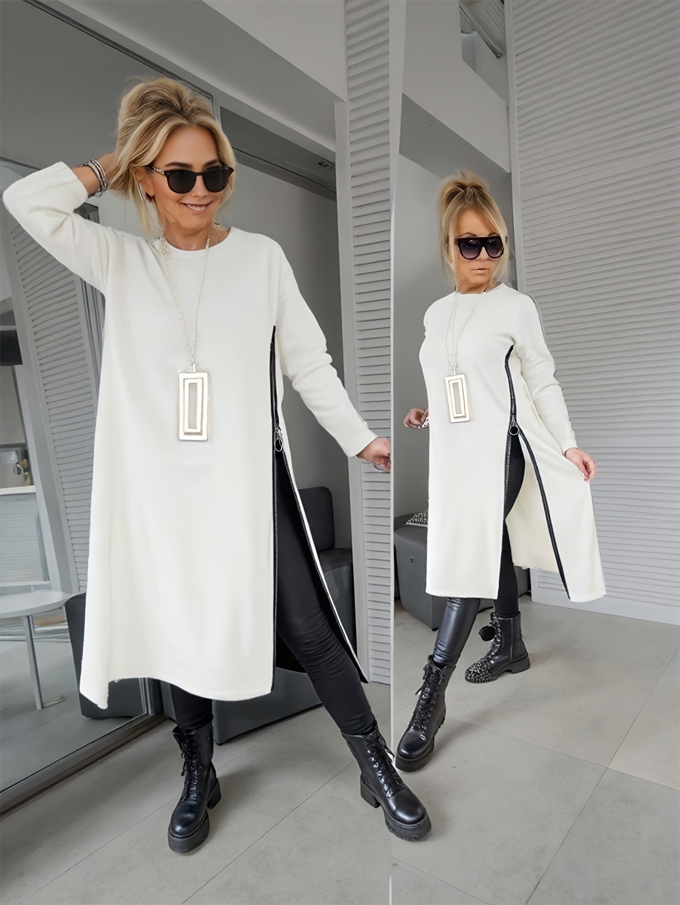 Plus Size White Pullover for Women with Slimming Effect and Asymmetrical Zipper