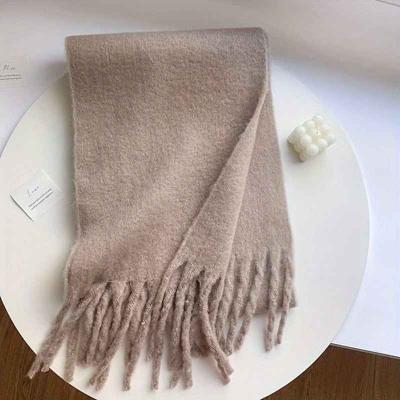Women's Cozy Plush Solid Color Scarf with Tassels Warm Windproof Winter Shawl