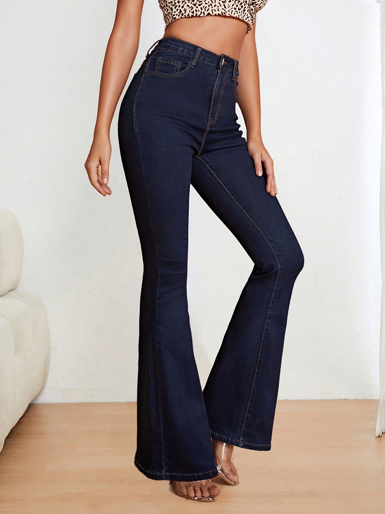 Women's High-Waisted Flare Jeans Blue Denim Slim Fit Long Length