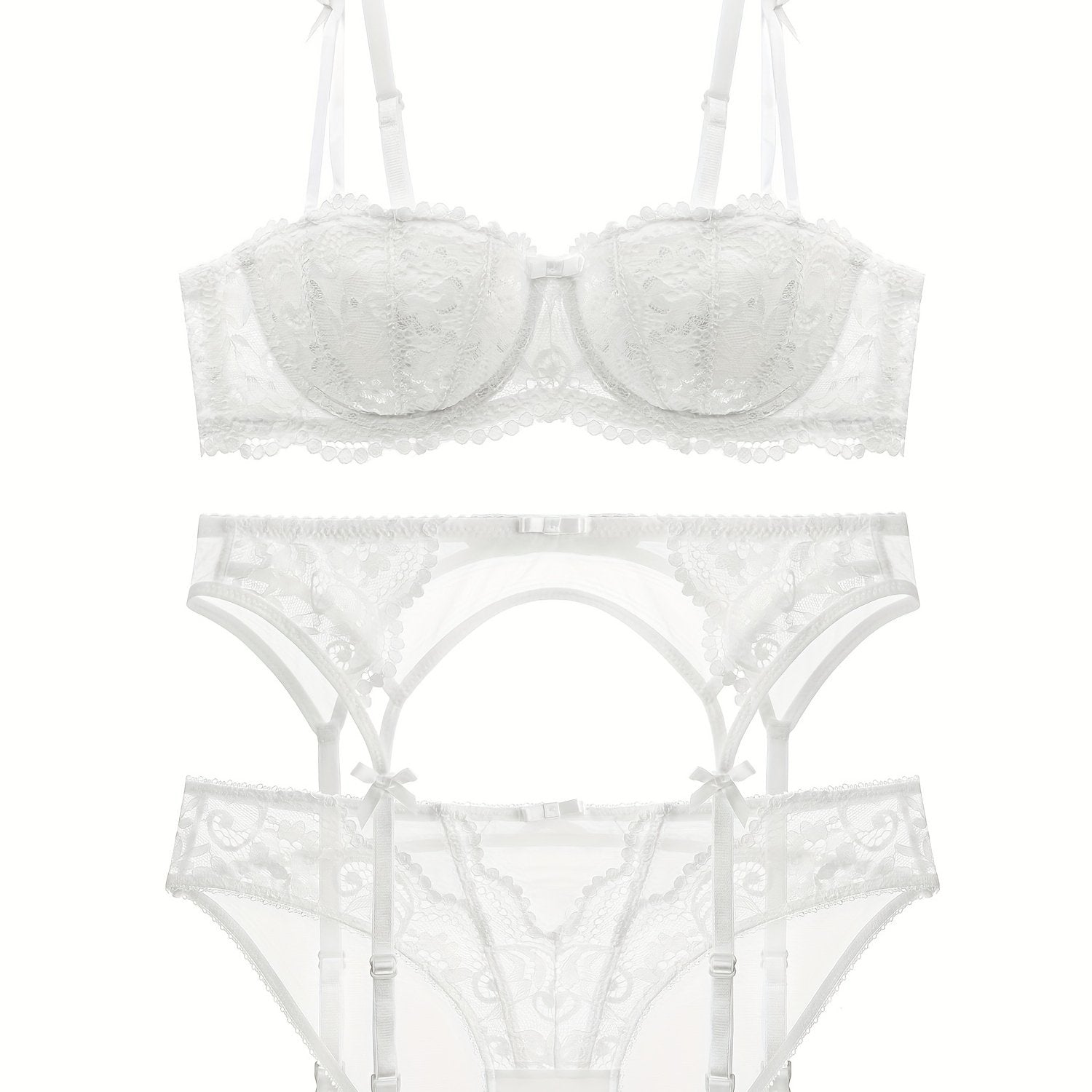 Women's Floral Lace Lingerie Set with Push-Up Balconette Bra and Matching Bikini Panties