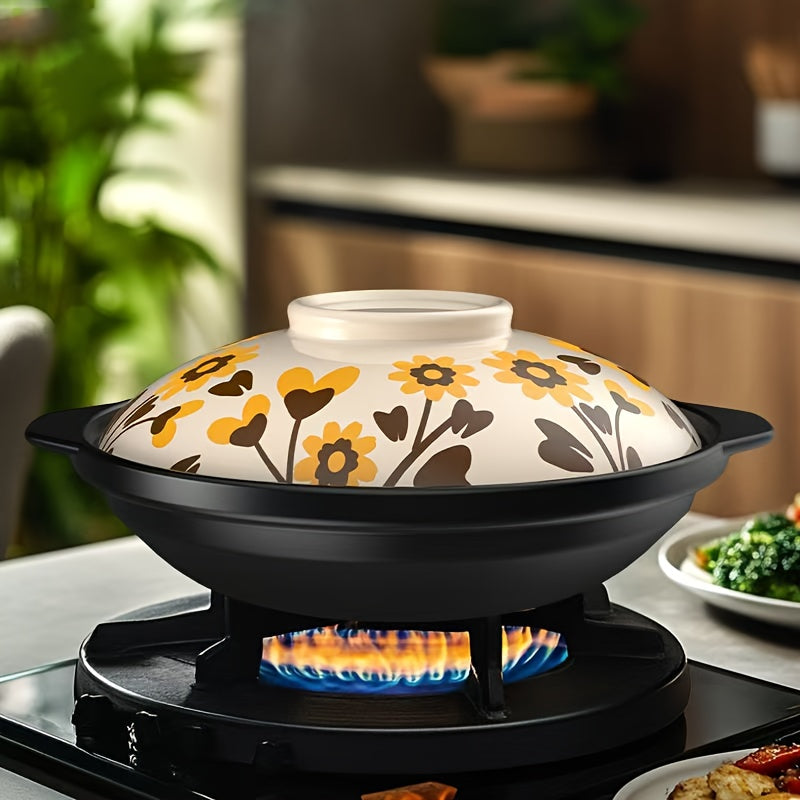 Floral Ceramic Clay Pot 1 Piece, Heat-Resistant, Explosion-Proof Stew Pot for Soup and Stew