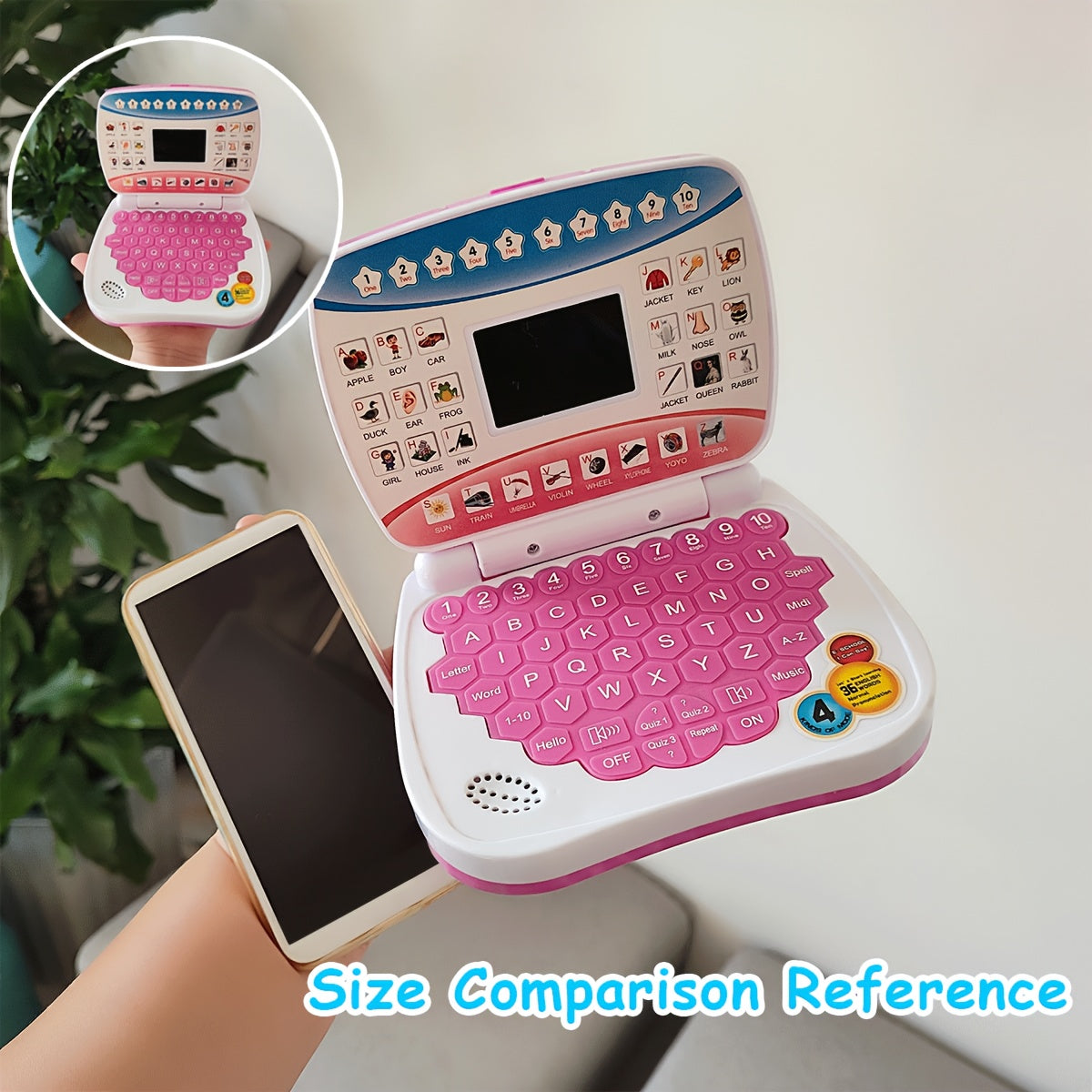 Mini Educational Laptop Toy for Kids 3+ with Letters Numbers and Music White Blue Pink