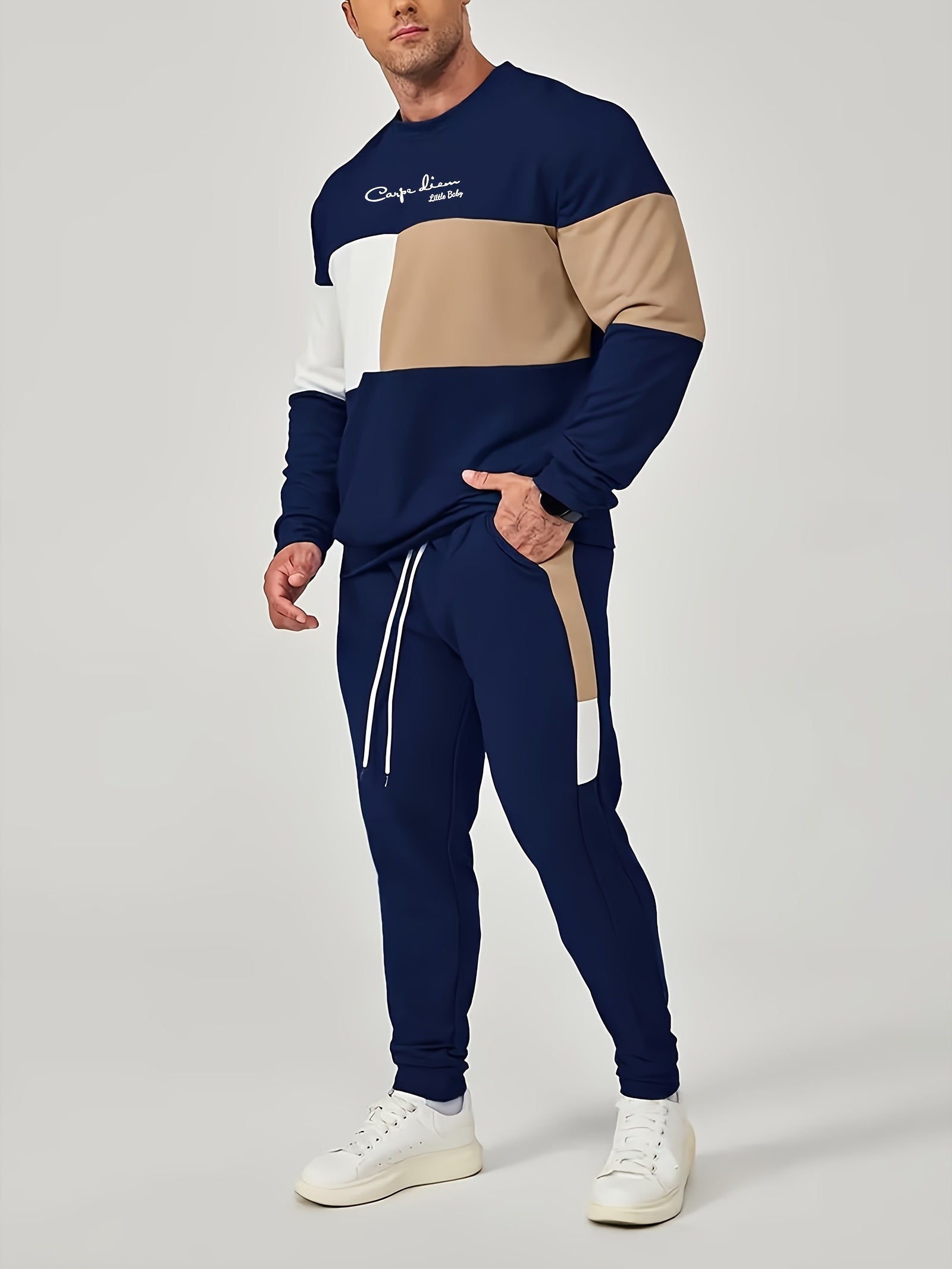 Men's Polyester Tracksuit Set with Crew Neck Sweatshirt and Joggers Color Block Print Fall Sportswear