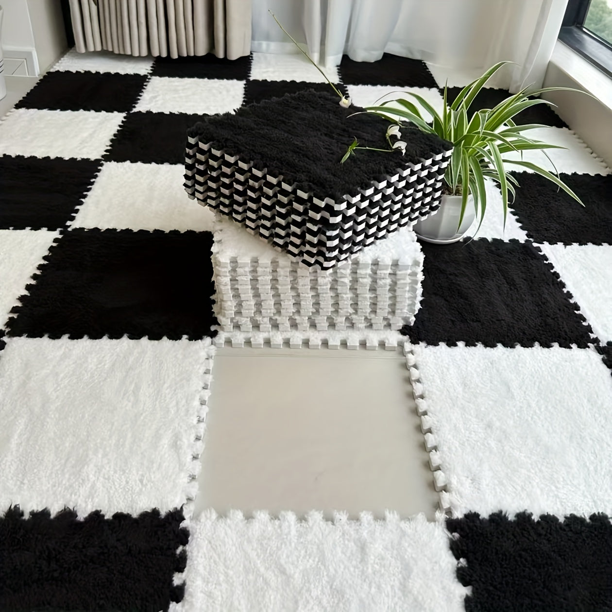 Juego de 24 alfombrillas de felpa floral entrelazadas de forma cuadrada para salón y dormitorio