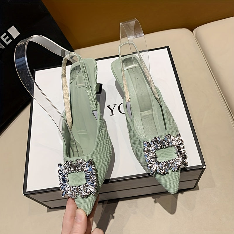 Women's Kitten Heel Sandals with Rhinestone Buckle Pointed Toe All-Season Light Green Beige Black