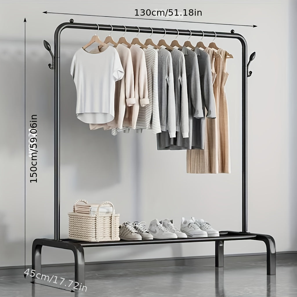 Katta zanglamas po'latdan yasalgan kiyim tokchasi, ikki tayoq va oson yig'ish uchun asos bilan. Yotoqxona, balkon yoki hammomda kiyimlarni tartibga solish uchun ideal.