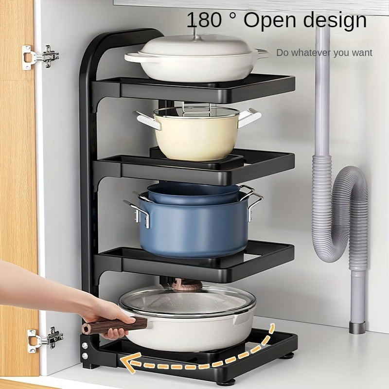 Регулируемая полка для кухонных кастрюль с 3 уровнями — открытая конструкция для легкого доступа, простая установка и надежное решение для хранения вашей посуды.