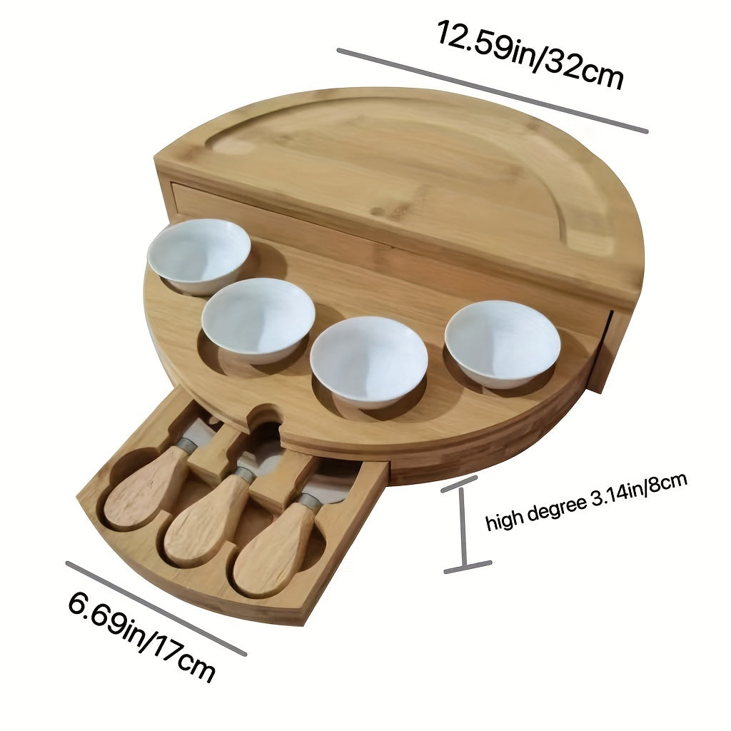 Bamboo Cheese Board Set with Slide-Out Drawer and Foldable Storage for Entertaining