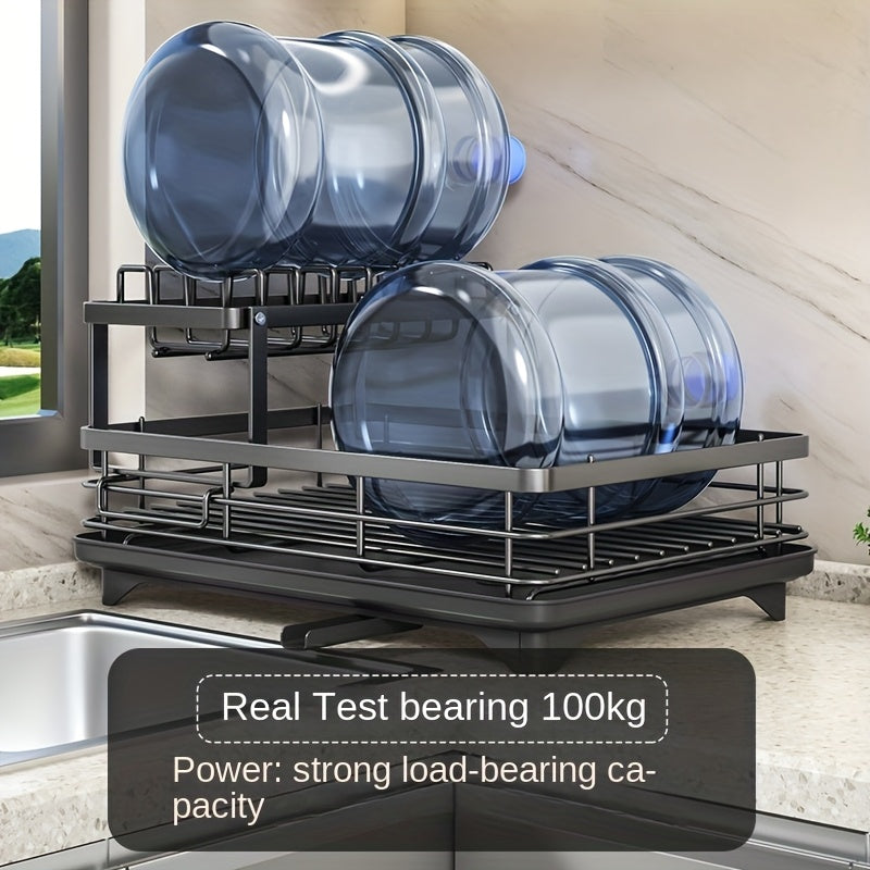 Black Carbon Steel Two-Tier Dish Rack with Drainboard and Golden Accents