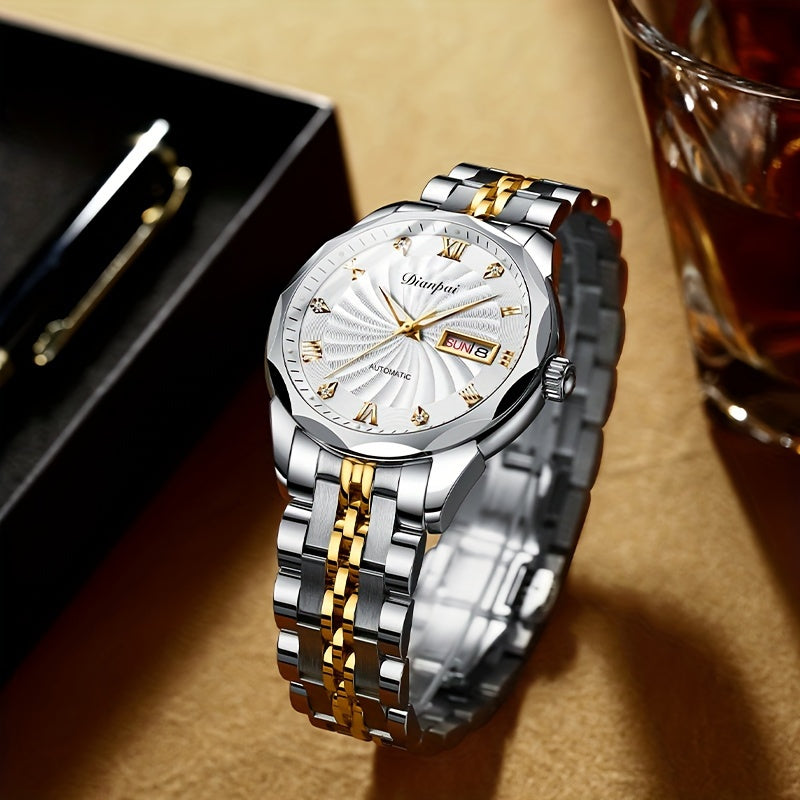 Men's Automatic Mechanical Watch Luminous Hands Gold Stainless Steel Waterproof Date Display