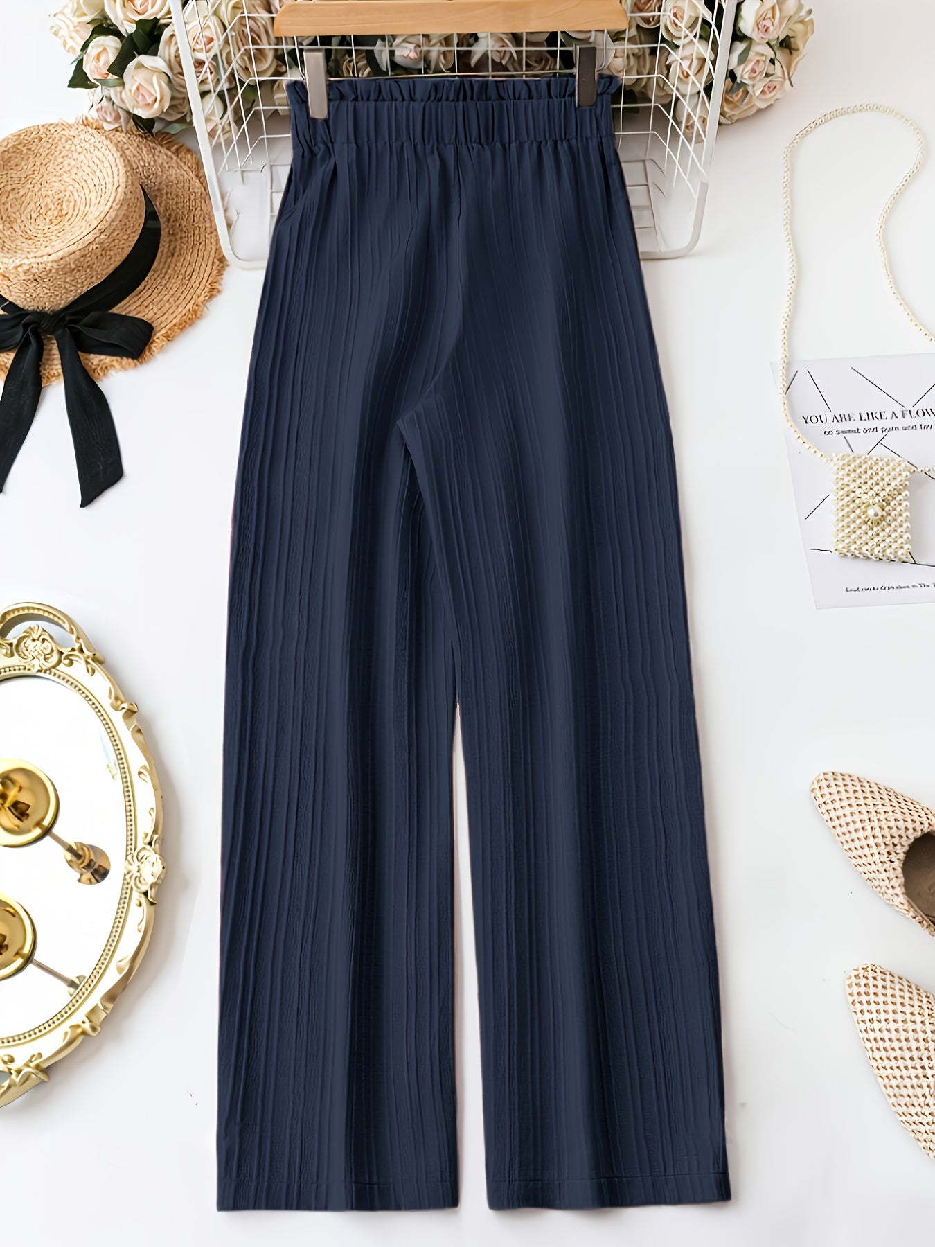 Plus Size Women's Navy Blue Straight Pants Casual Trousers with Tie Waist