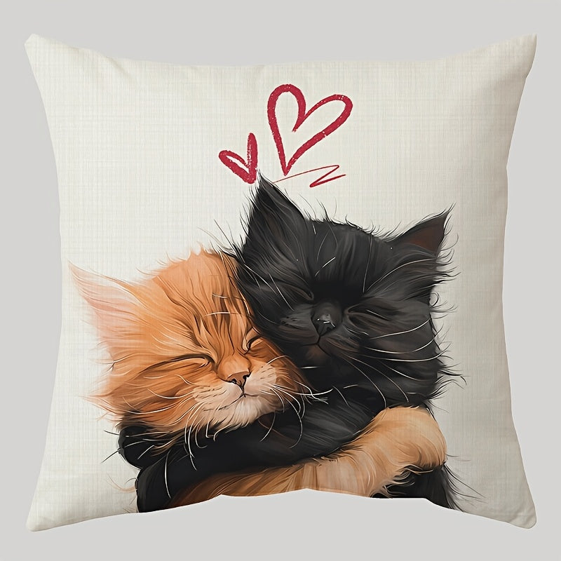 Cat Hug Linen Pillowcase 44.96cm x 44.96cm Machine Washable Sofa Bedroom Decor