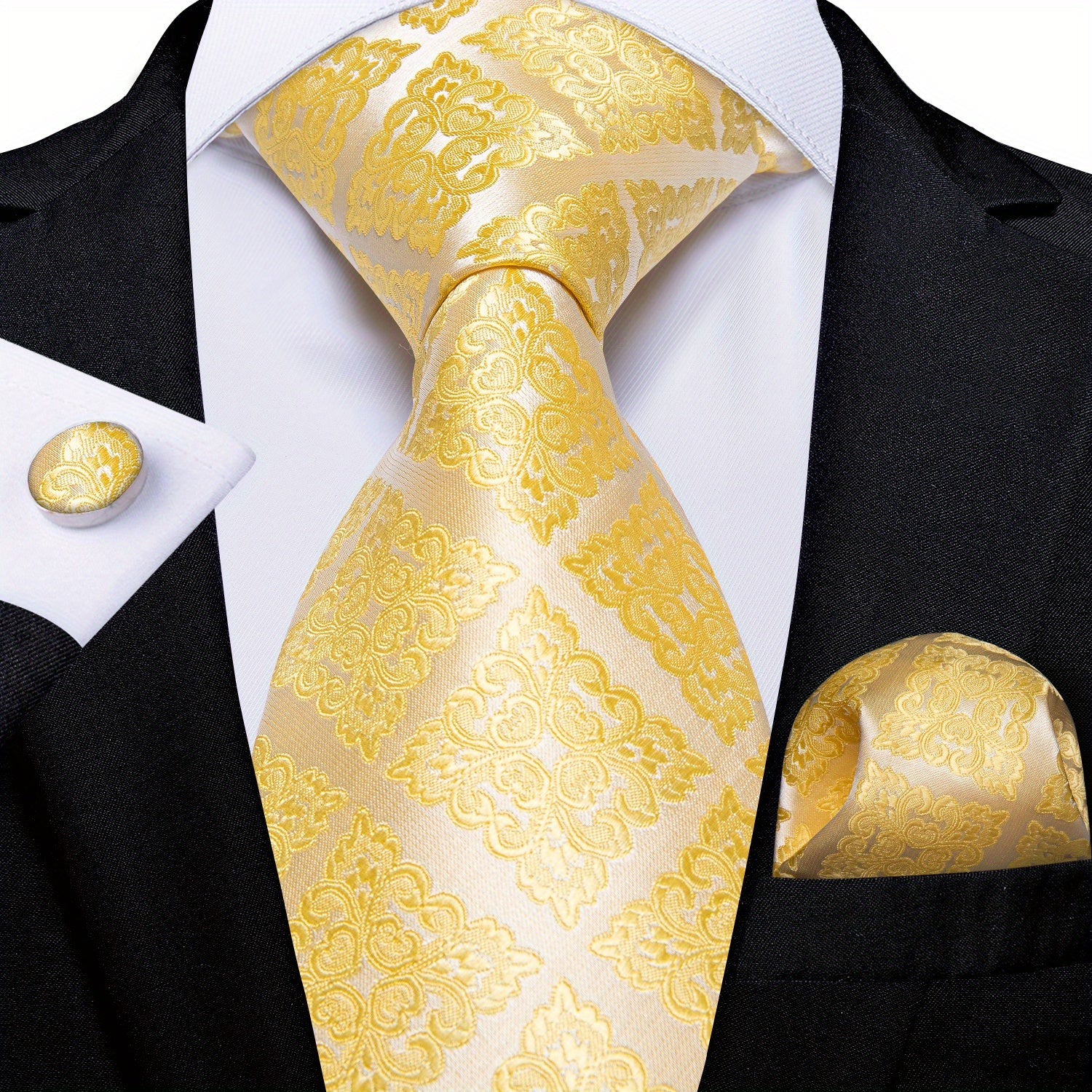 Men's Blue and Yellow Striped Tie Set with Cufflinks and Handkerchief for Business and Gift