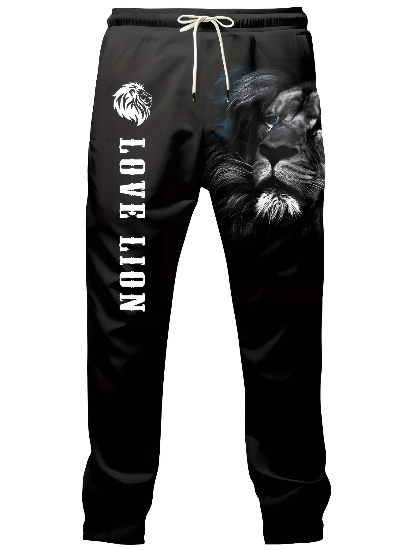 Men's Polyester Lion Print Sports Set with Crew Neck T-Shirt and Long Pants