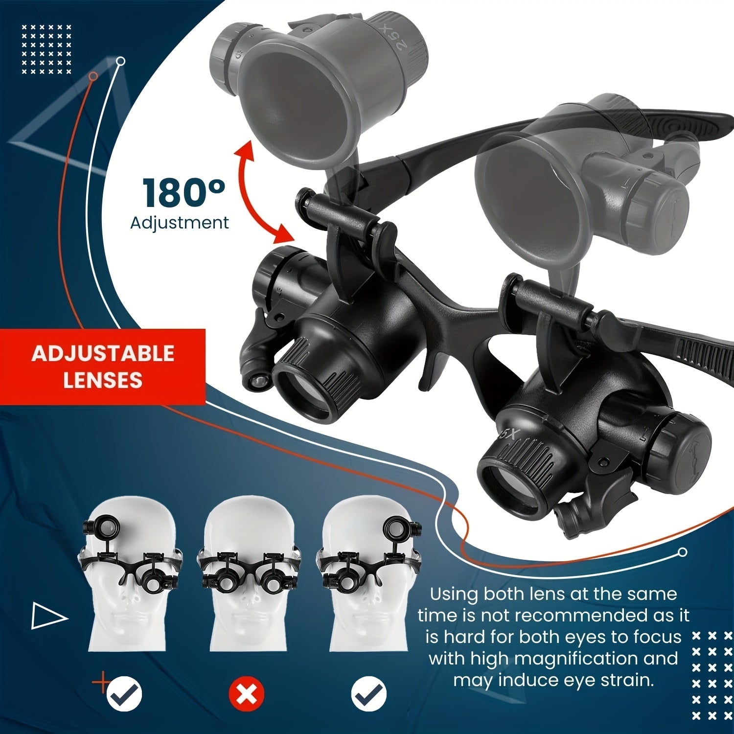 10X, 15X, 20X va 25X linzalari bilan boshband magnitli ko'zoynaklar to'plami. Turli vazifalar uchun LED chiroqli qo'l bilan taqiladigan loupe vizori. Qayta zaryadlanmaydigan tugmachali batareyalar bilan ishlaydi.