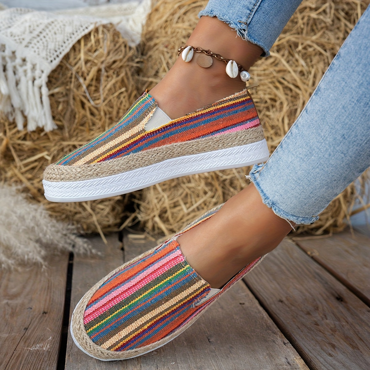 Women Bohemian Colorful Striped Flat Shoes Open-Toe Slip-On
