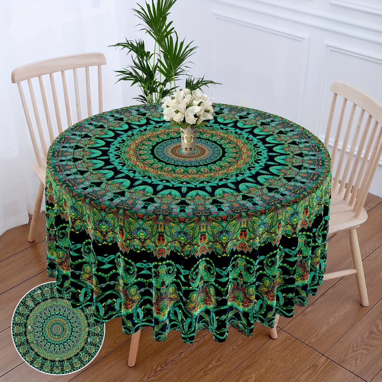Round Polyester Tablecloth Bohemian Floral Waterproof for Dining and Decor
