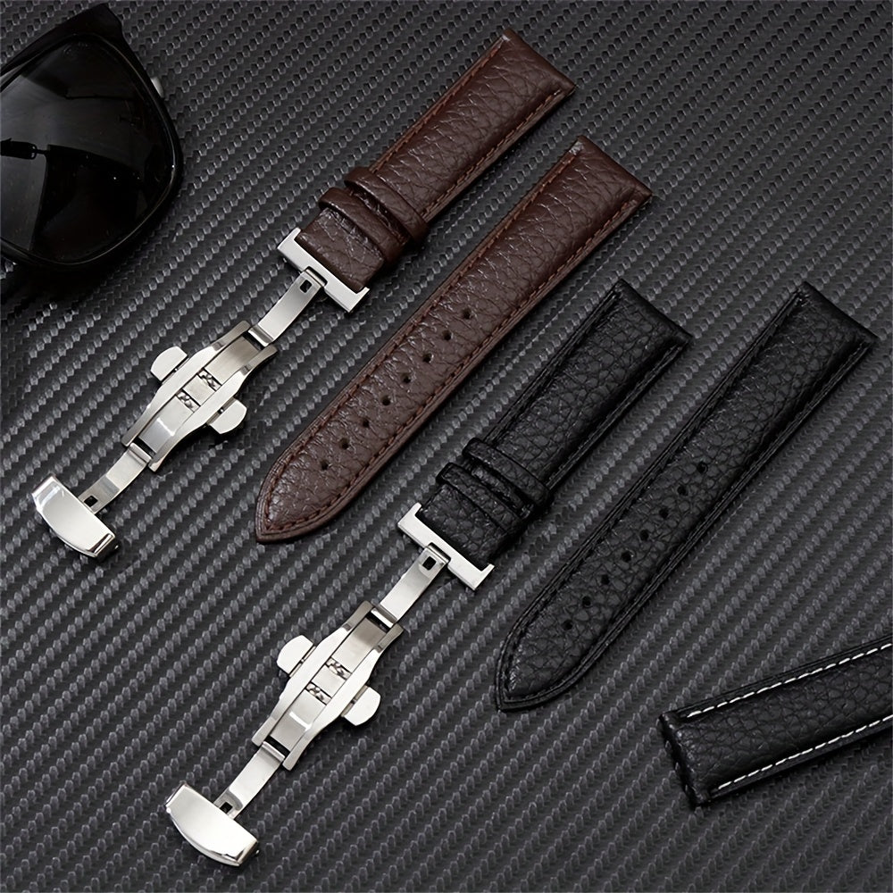 Synthetic Leather Watch Strap with Butterfly Clasp White Adjustable for Men Women