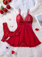 Plus Size Lace Trim Lingerie Sleepwear Set for Women Nightdress and Panty
