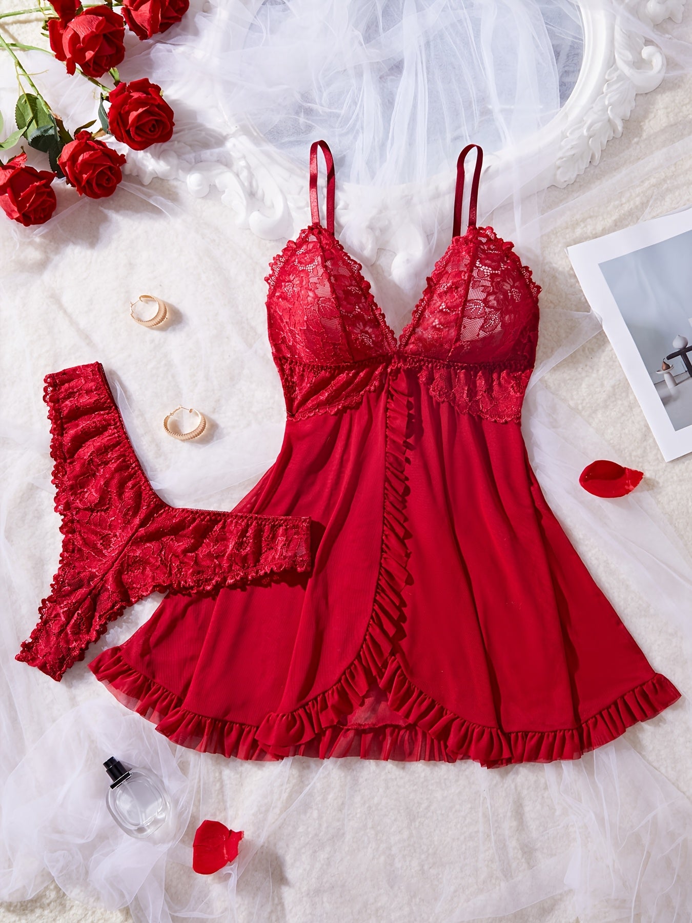 Plus Size Lace Trim Lingerie Sleepwear Set for Women Nightdress and Panty