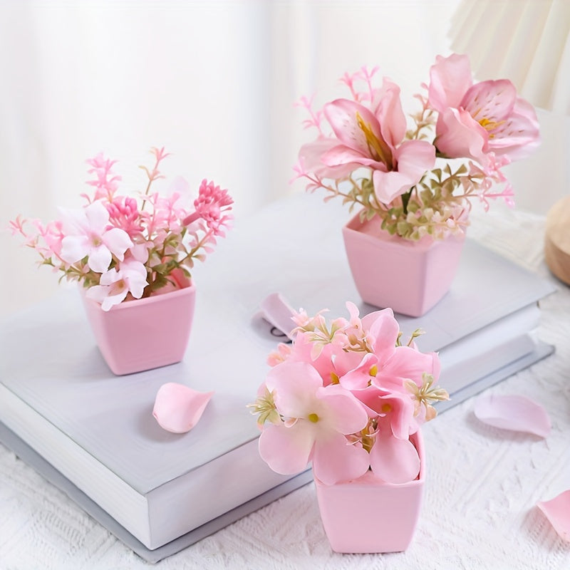 Mini Pink Artificial Plants with Faux Rose and Peach Embroidered Ball Flowers for Wedding Home Office Decor