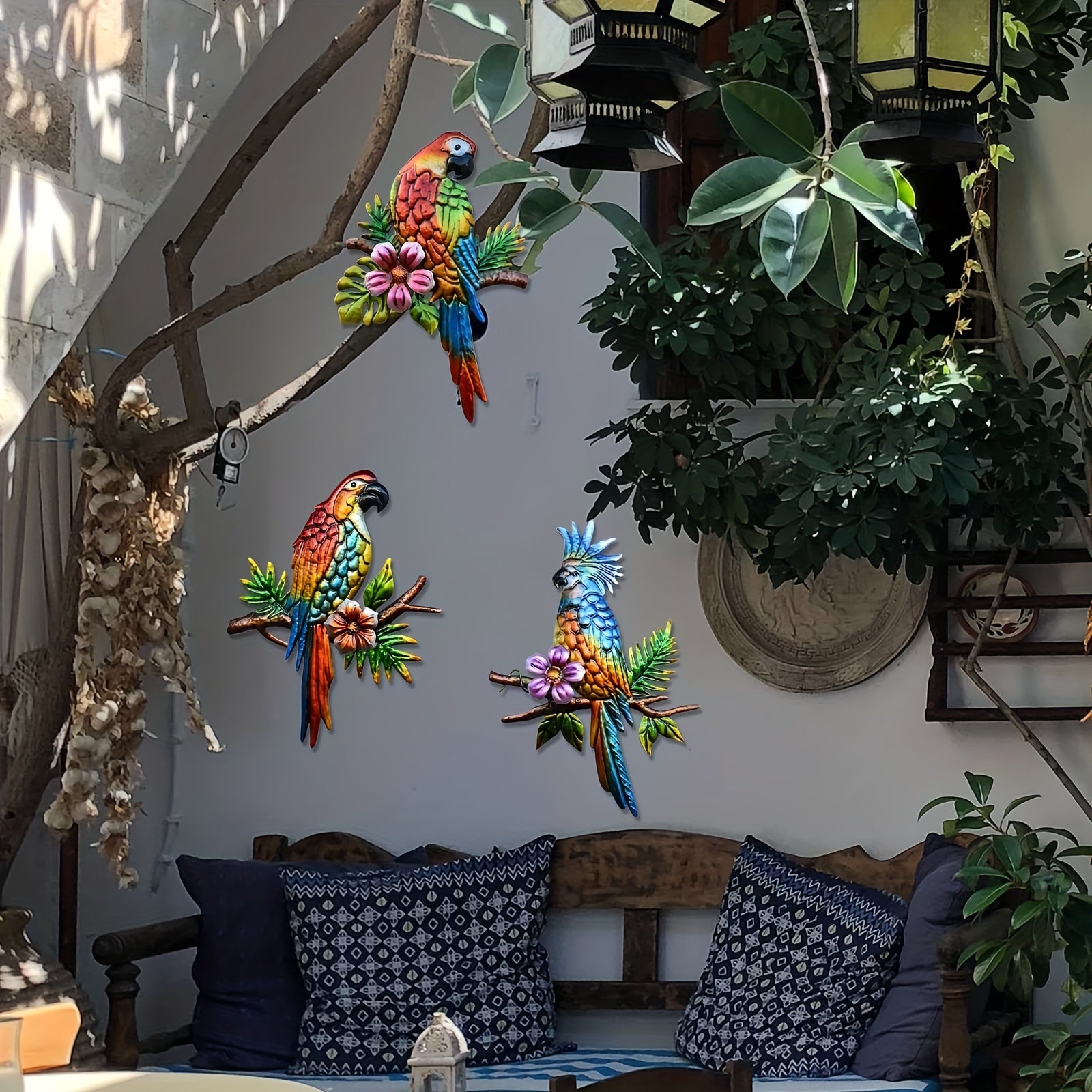 Set of 3 Metal Parrot Tropical Wall Art Decor for Indoor and Outdoor Use