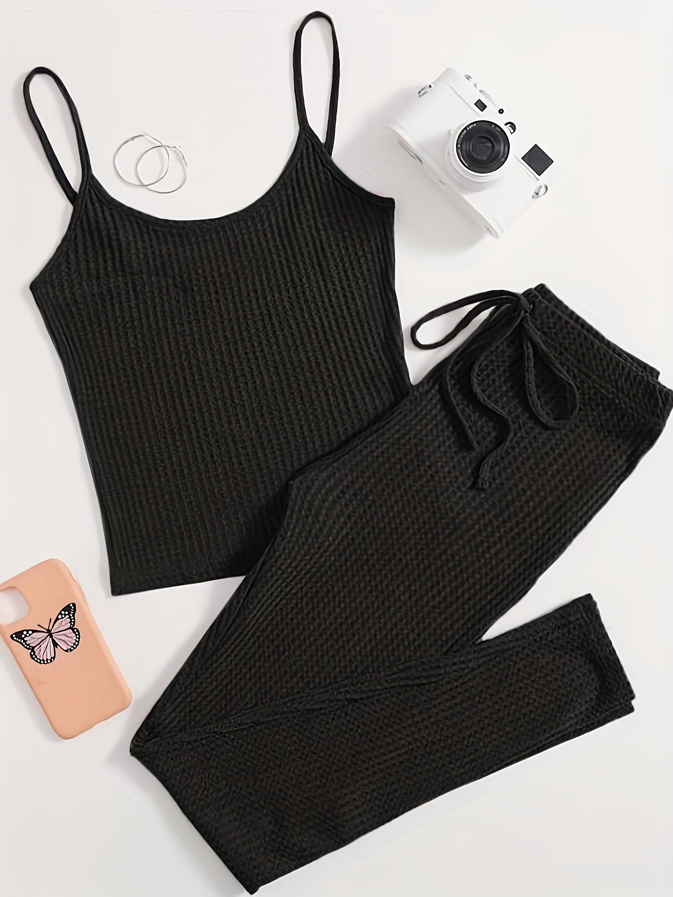 Conjunto de descanso para mujer de algodón con camiseta de cuello redondo y pantalones con lazo frontal