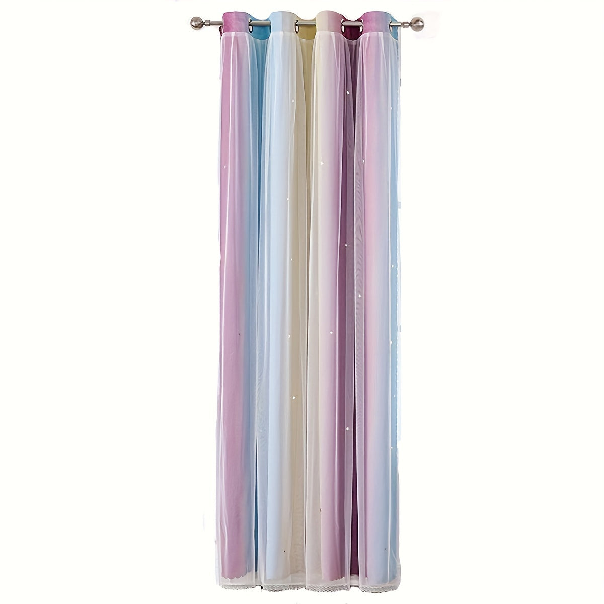 Эта занавеска с двойным слоем и люверсами украшена узором из звезд в виде радуги, идеально подходящим для добавления игривого акцента в вашу детскую, спальню или гостиную. Улучшите декор вашего дома с помощью этой очаровательной панельной занавески.