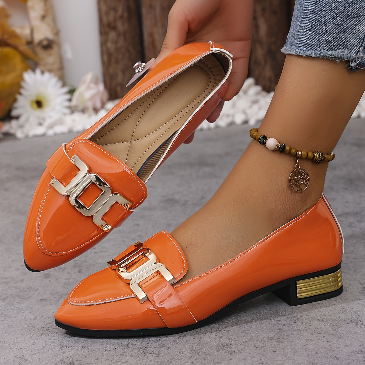 Women's White Pointed Toe Loafers with Metallic Buckle Synthetic Shoes