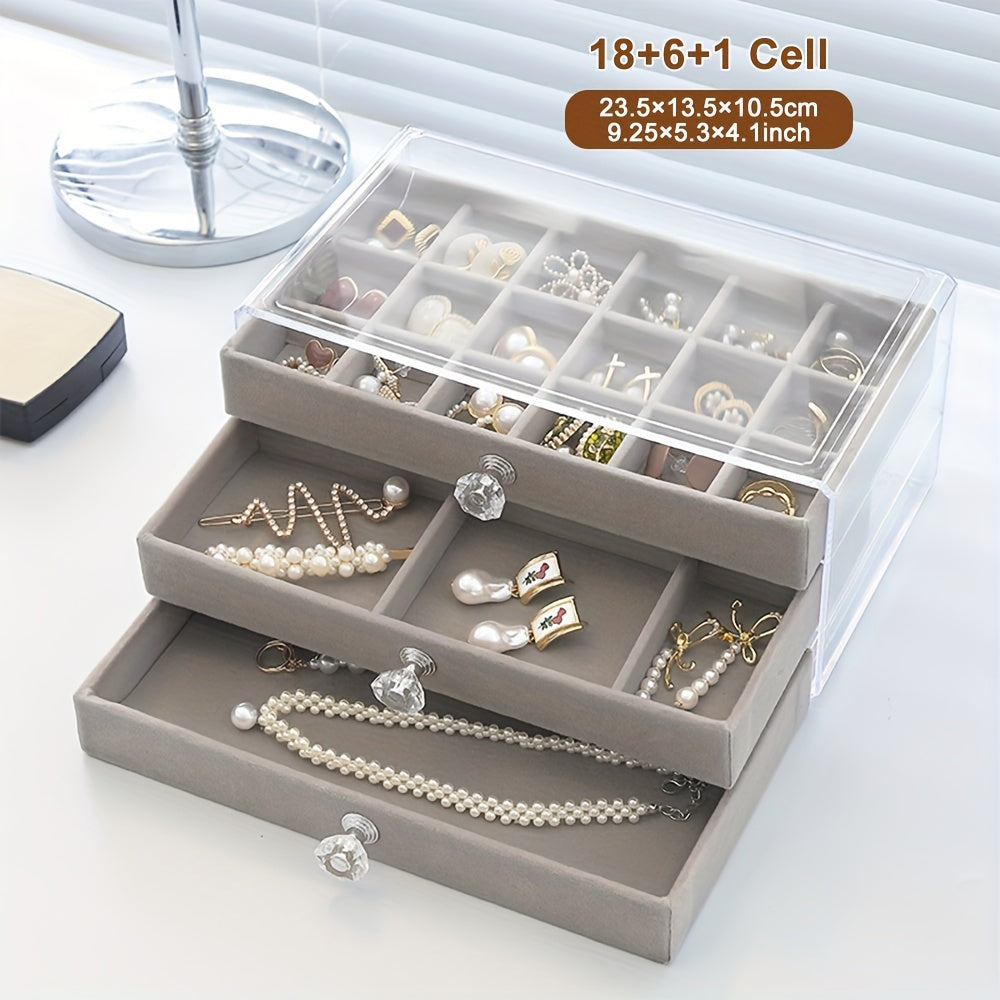 Organizador de joyas de acrílico con cajón de forro suave para collares, pendientes y anillos, azul claro y rosa