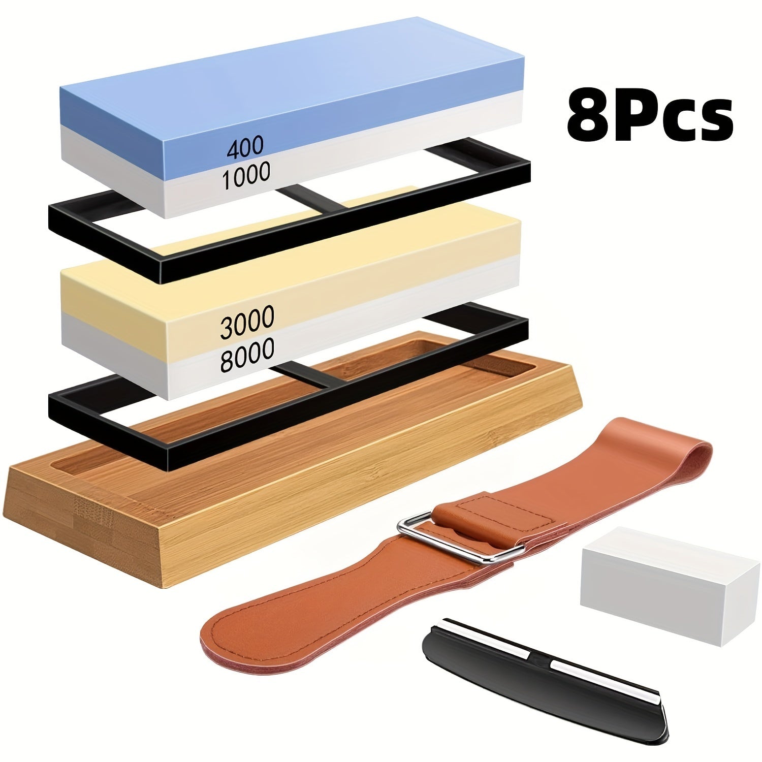Knife Sharpening Kit 8 Pieces Whetstone Bamboo Holder Angle Guide Strop