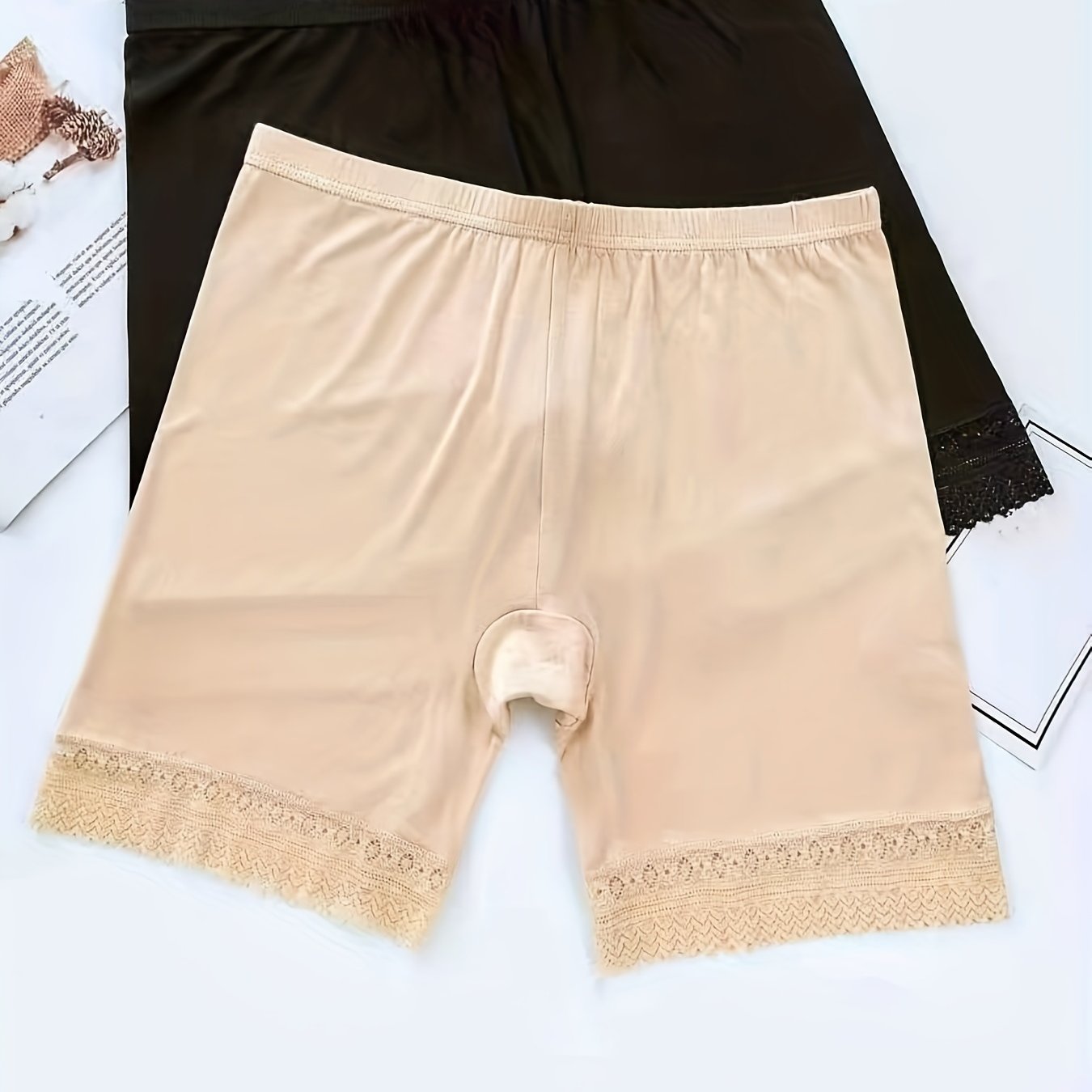 2-компонентные бежевые кружевные боксеры, бесшовные и эластичные с резинкой на талии, комфортное и дышащее белье из смеси модала и спандекса
