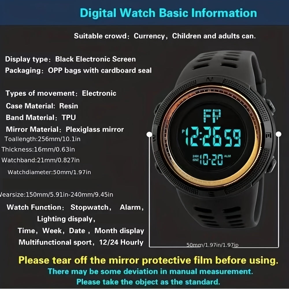 Men's Digital Smartwatch with LED Night Light Alarm and Stopwatch Silicone Band
